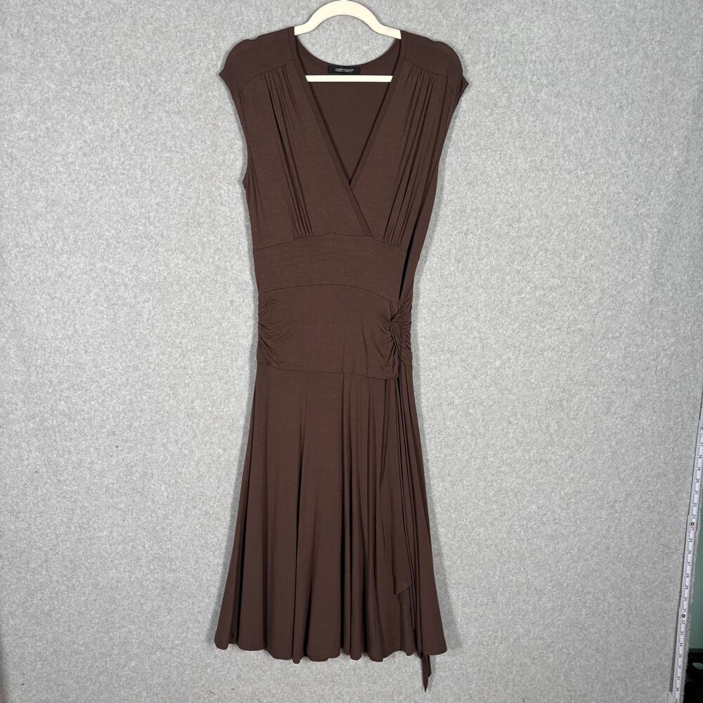Karen Kane Wrap Ruched Midi Dress Medium Brown Stretch Neutral Lagenlook‎ Artsy